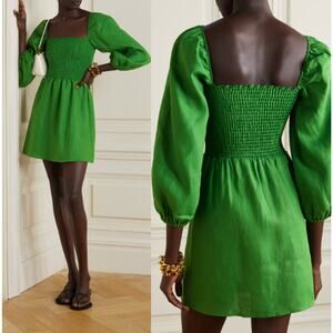 Reformation Greyson Shirred Square Neck Linen Mini Dress Green Women's Size XS